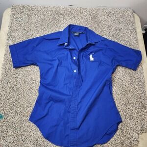 Ralph Lauren Golf Blue Button Up Short Sleeve Big Embroidery Logo Shirt Blouse S
